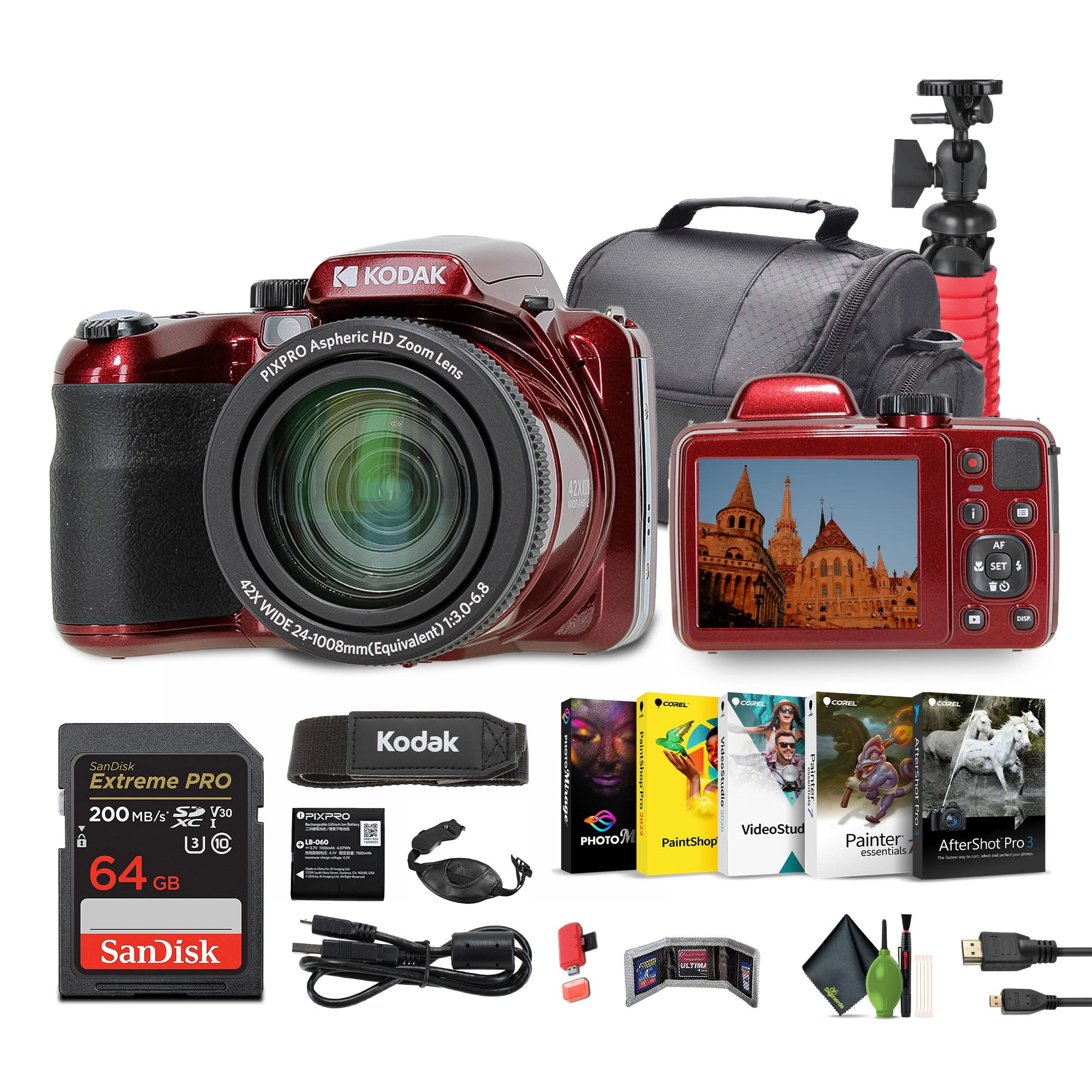 Kodak AZ425 + Cleaning Kit + Memory Card + Hand Strap + Vlogging Tripod + Memory Card Wallet + USB Card Reader + Camera Bag + Corel Photo, Video, & Art Suite Deluxe + Micro HDMI Cable