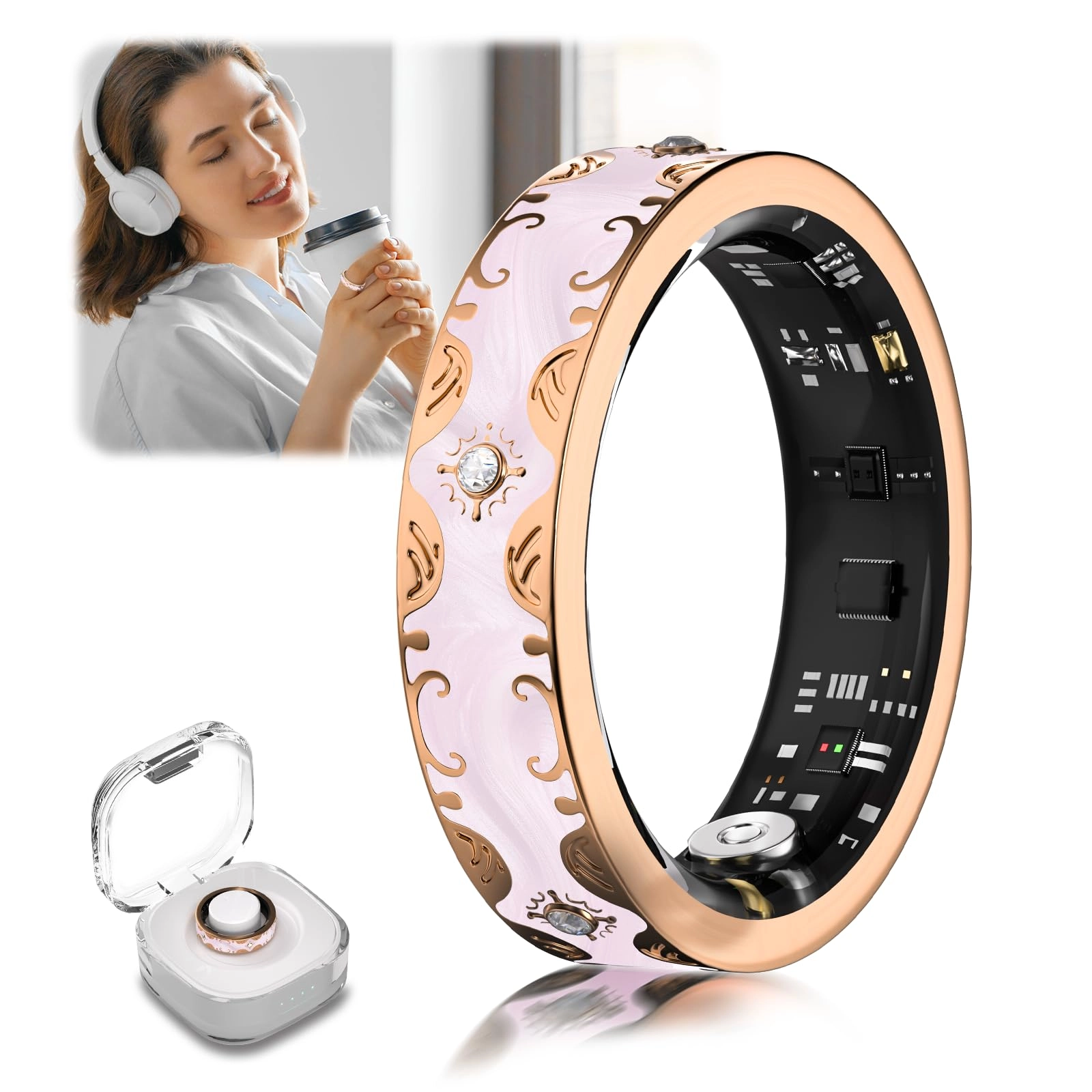 XSWCCJJ Diamond Smart Ring - 7# C-Pink + Wireless Charging Case