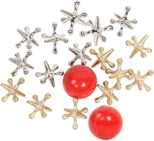 Jacks Table Grabbing Game - 8 silver jacks 8 gold jacks 2 red rubber balls