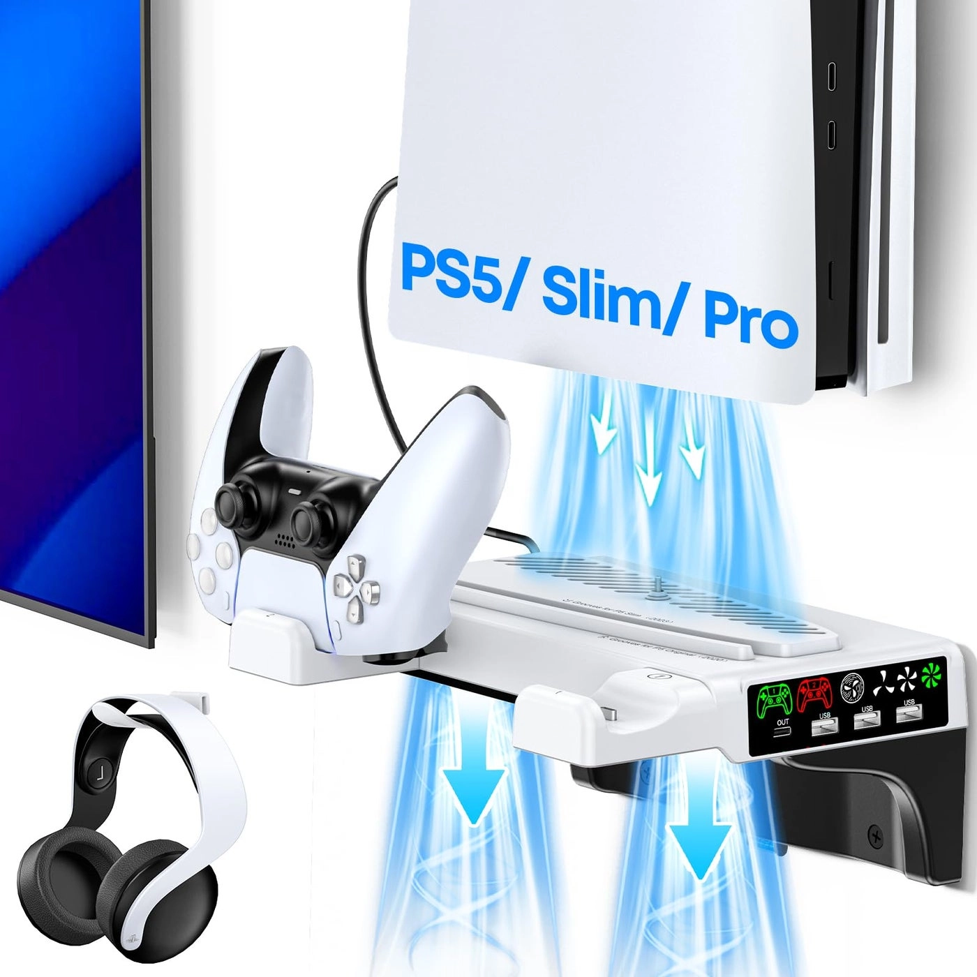 PS5 Wall Mount Kit + Cooling Fan + Controller Charging Station + PS5 Floating Shelf + Sega Genesis Consoles - PS5/Slim/Pro Disc & Digital Console