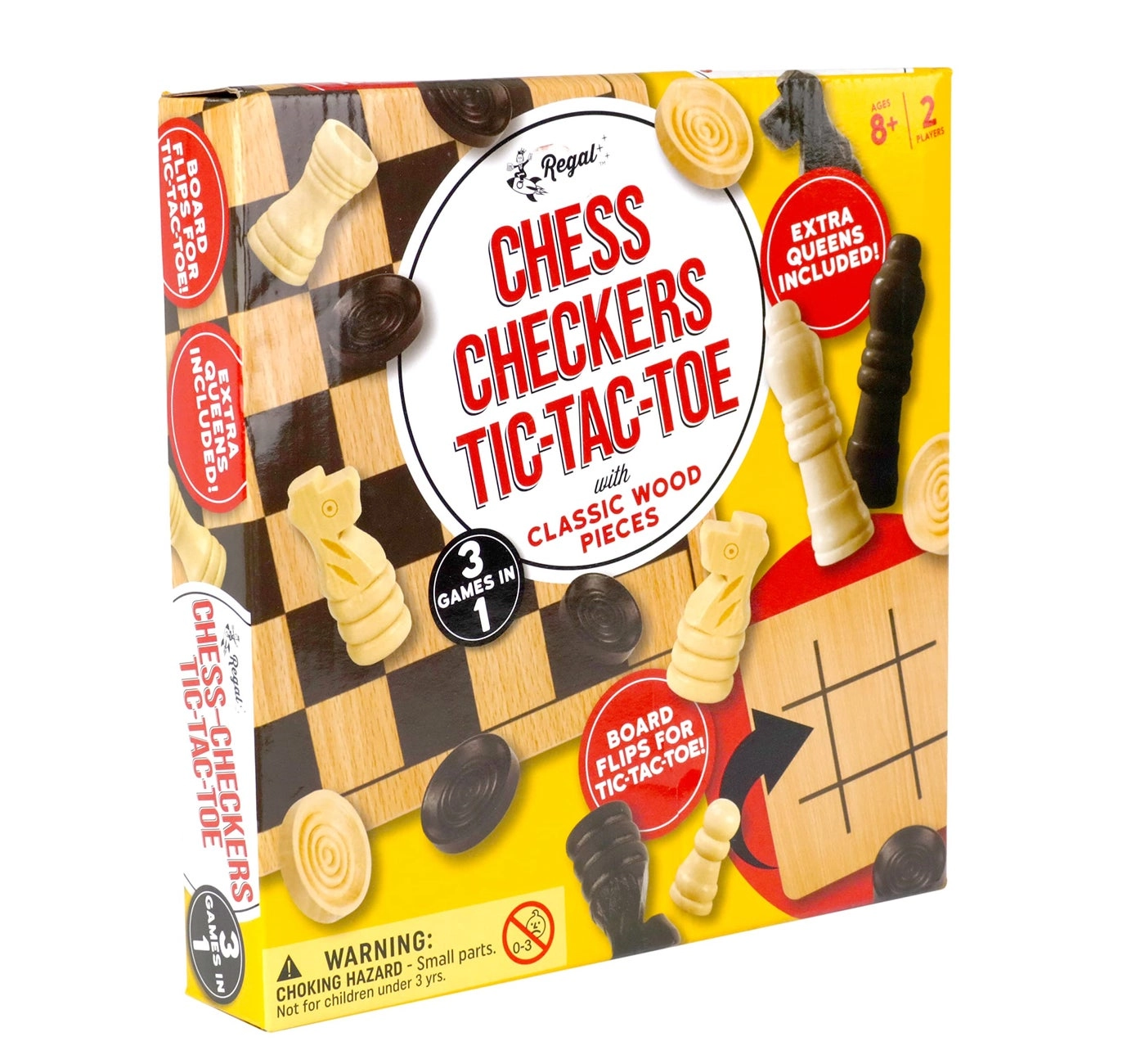 Reversible Wooden Board - Chess Checkers Tic-Tac-Toe