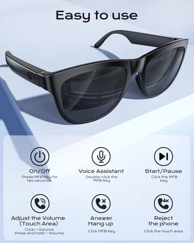 Smart Bluetooth Glasses - Built-in Mic & Speakers Black