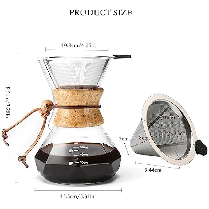 Coffee Dripper - Reusable Stainless Steel Filter 600 Ml Borosilicate Glass