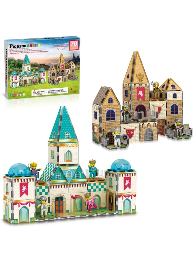 PicassoTiles Magnetic Tiles Medieval Castle Theme - 8 Characters 70 pcs