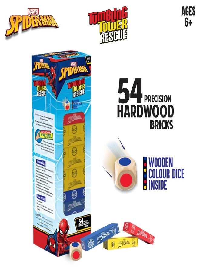 Stackrr Tumbling Tower - 54 Precision Wooden Blocks Premium Beachwood Spiderman