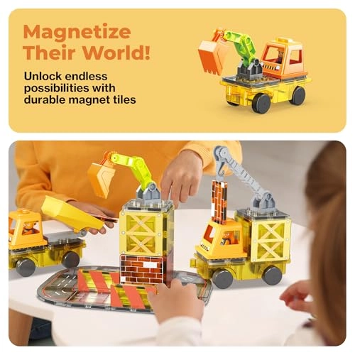 Magnet Tile Construction - 5-in-1 Crane 2 Car Base Vehicles