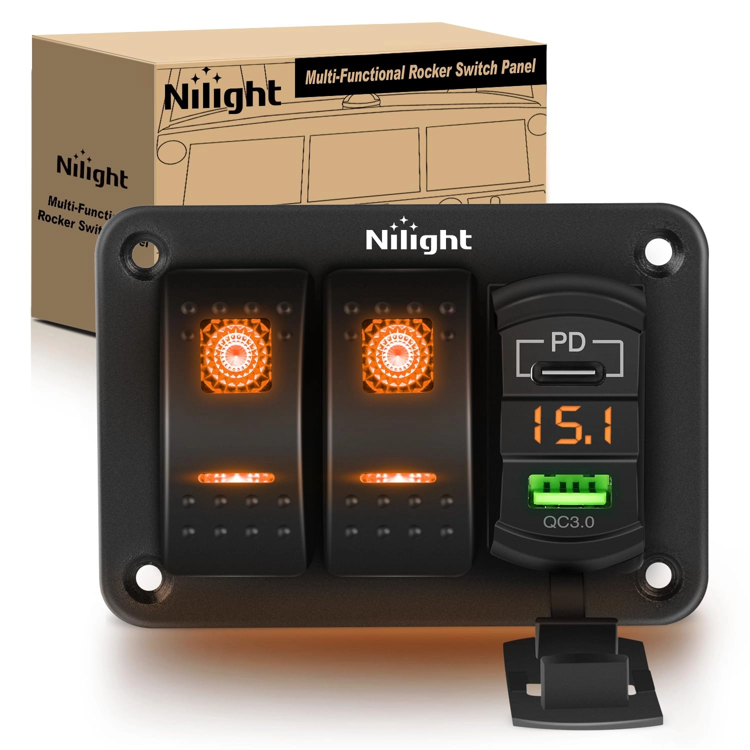 Nilight 2 Gang Rocker Switch Panel - PD Type C USB Charger Voltmeter 12V