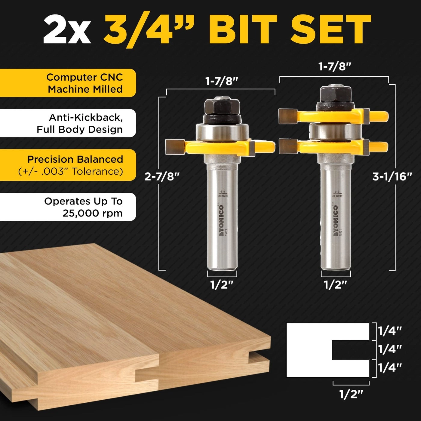 Tongue and Groove Router Bits Set - 3/4-Inch 1/4-Inch 2 Bit
