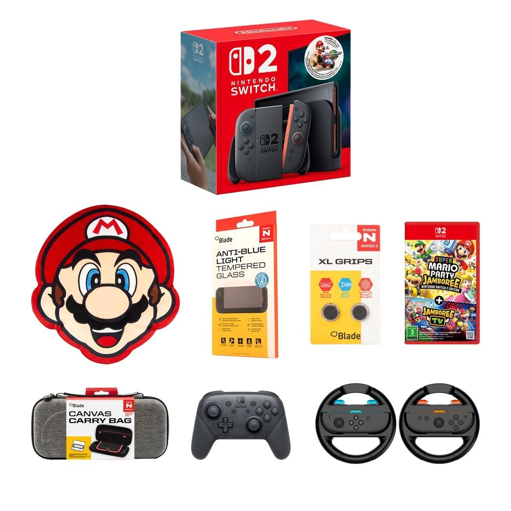 Nintendo Switch 2 + Pro Controller + Mario Party Jamboree + Plush Cushion + Anti Blue Light Tempered Glass + Canvas Carry Bag + Kart Wheel Set + Grips XL