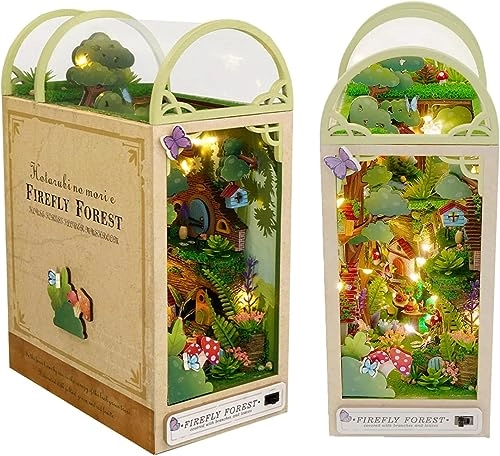 DIY Dollhouse Wood Bookends Book Nook Model Building Kit - LED Light Brown