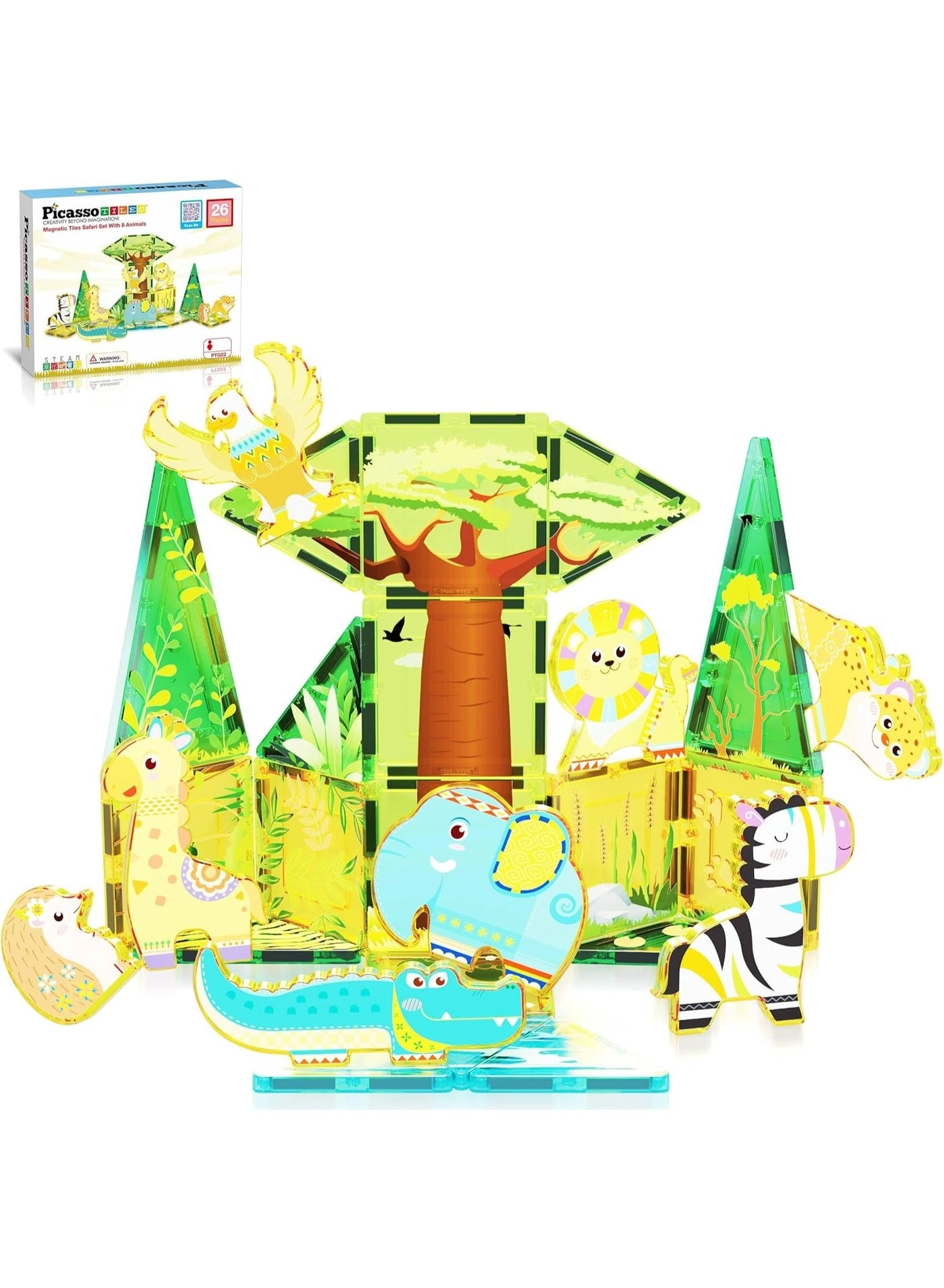 Magnet Tile Building Blocks Safari Themed Playset - 8 Animal Character Action Figures Safari 26 pcs