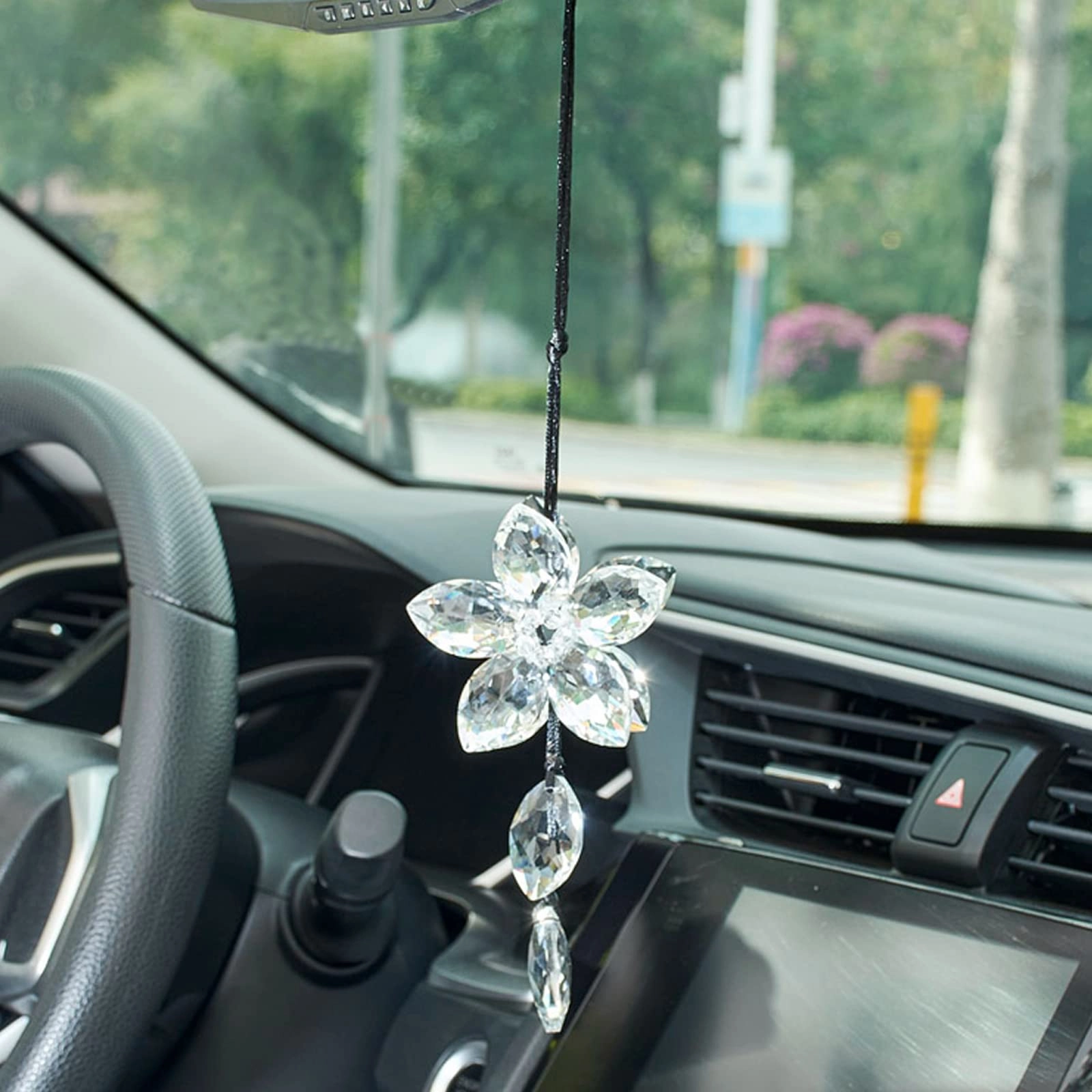 atmomo Crystal Flower Rear View Mirror Pendant - Transparent Universal Fit