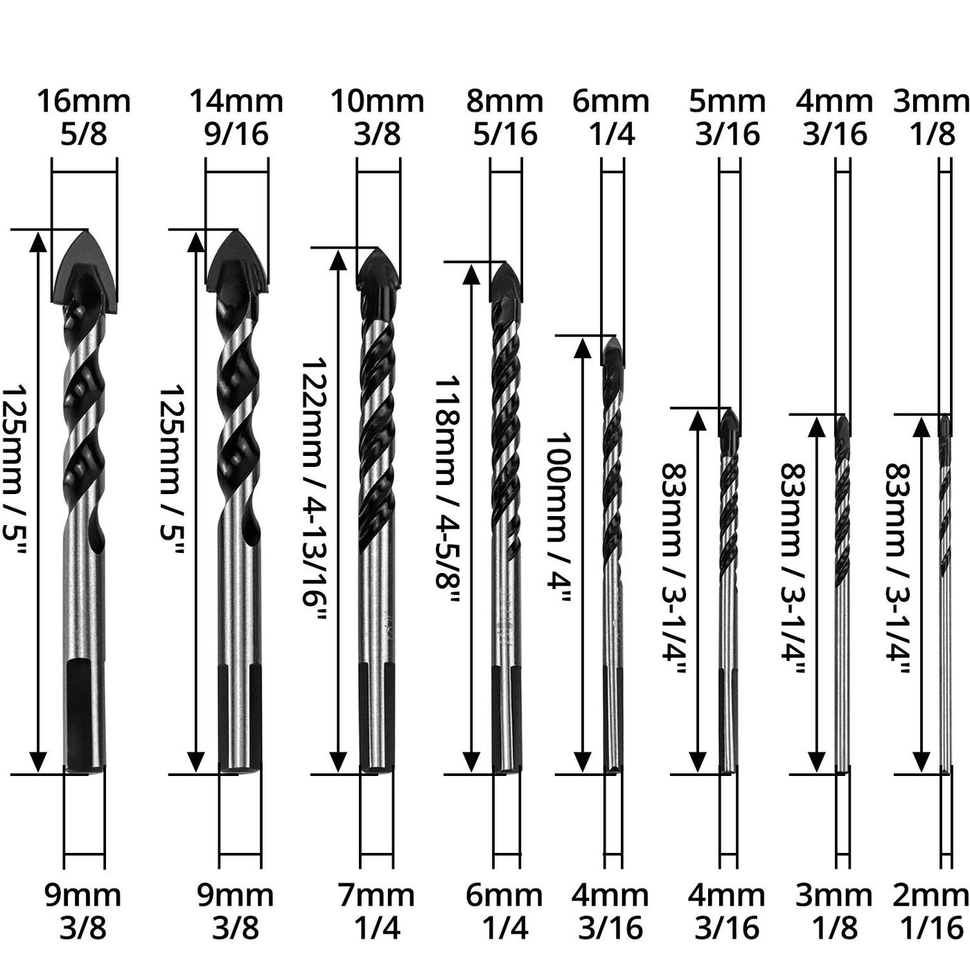 Multi Material Drill Bit Set - tungsten carbide 8 Pcs 3mm 4mm 5mm 6mm 8mm 10mm 14mm 16mm