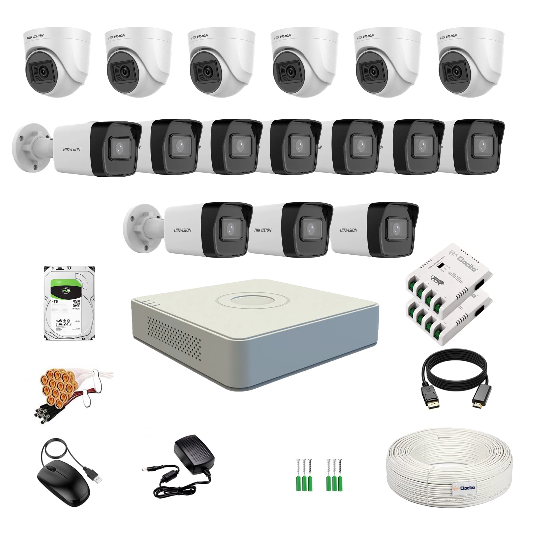 Prama Hikvision India Pvt.Ltd 16 Channel DVR - 16 channels + 2MP Dome Camera + Bullet Camera + 4TB HDD - 4TB + Cable Roll + 8CH Power Supply + BNC & DC Connectors