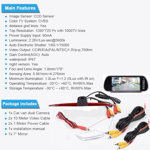 HD IP68 Rear View Camera - Night vision 1280x 720 pixels + 7'' Monitor