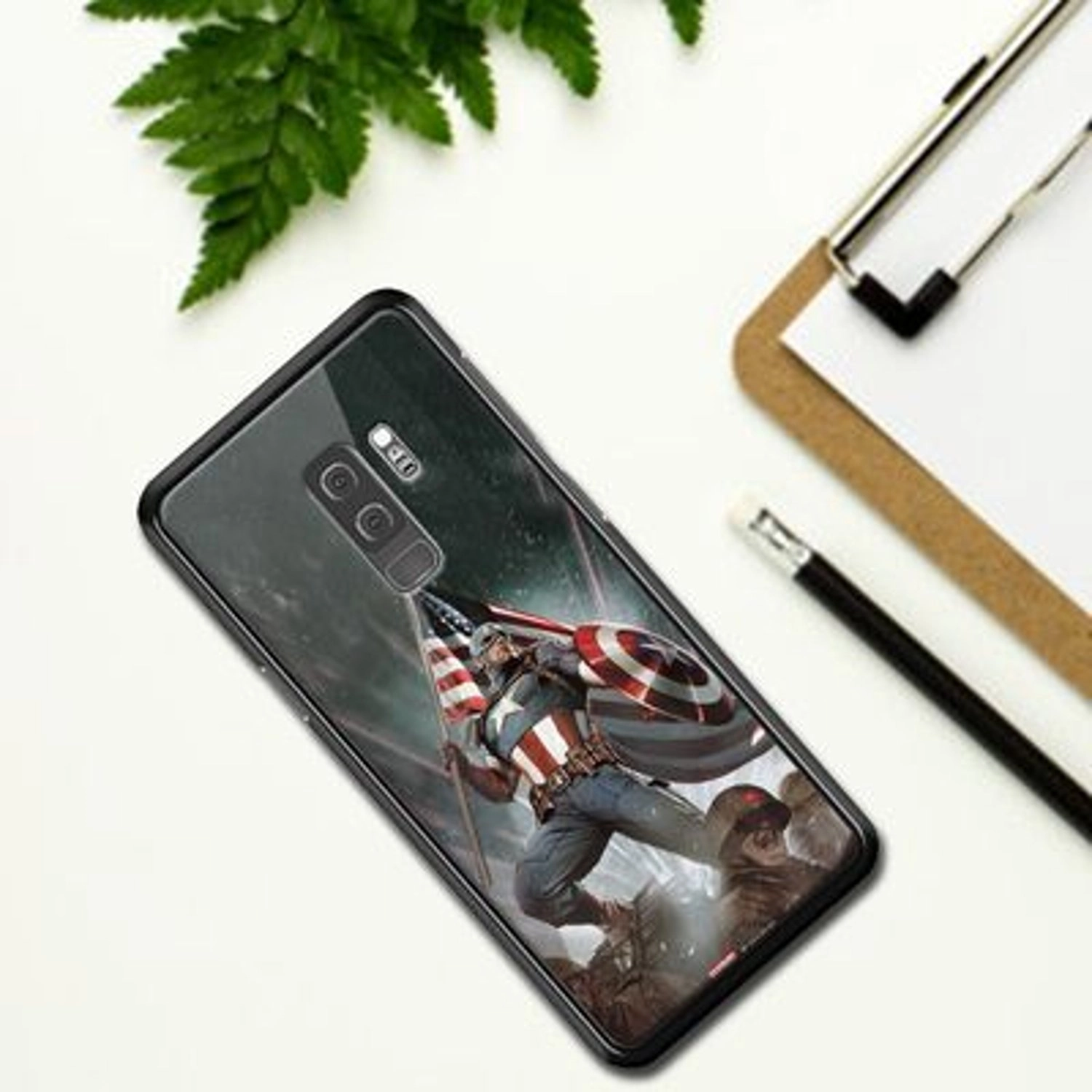 Captain America Back Case for Galaxy S9 Plus - TPU Bumper Case + Tempered Glass Back
