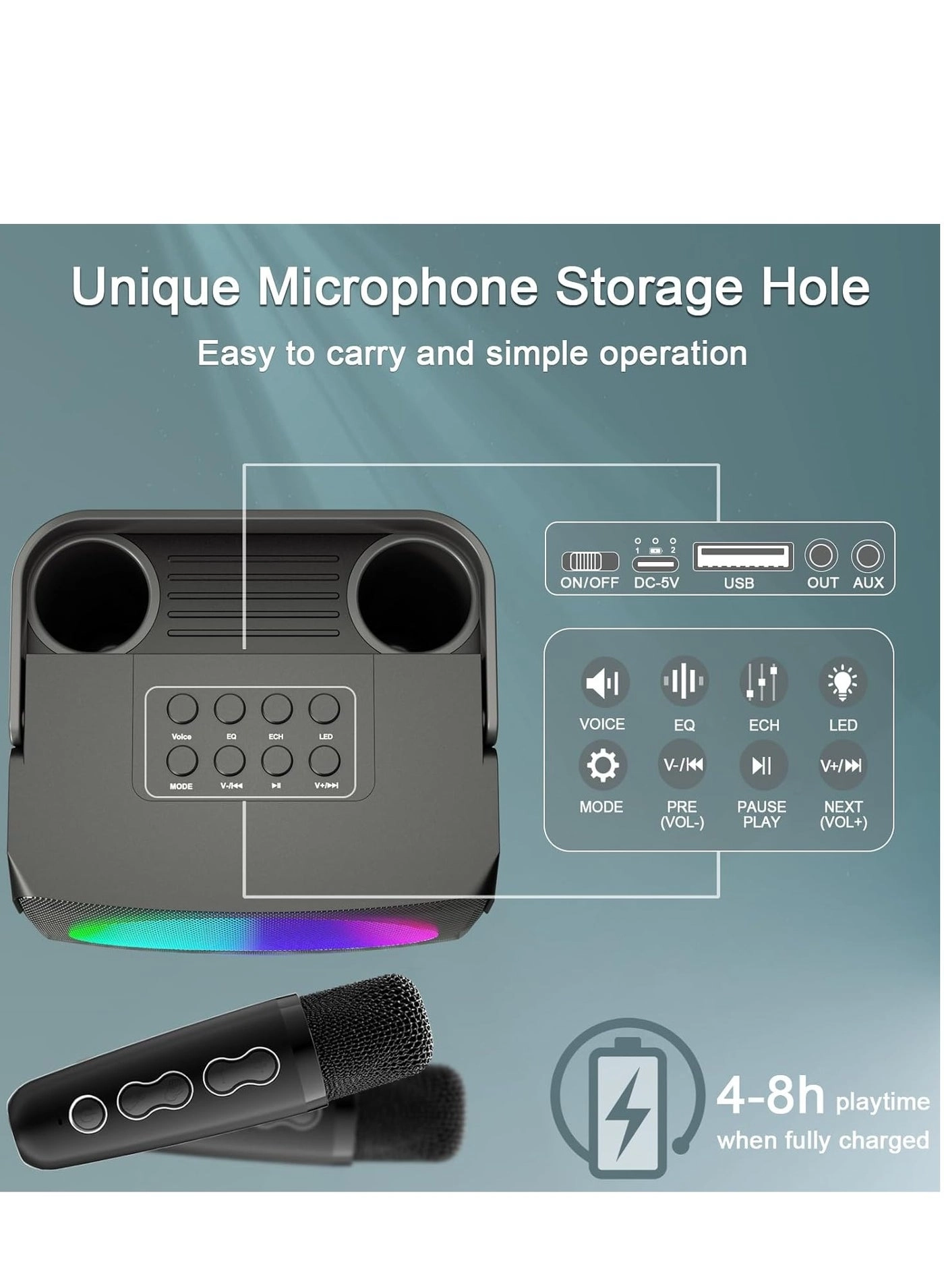 SD-508 - Mini Karaoke Bluetooth Speaker LED Lights Built-In Microphone