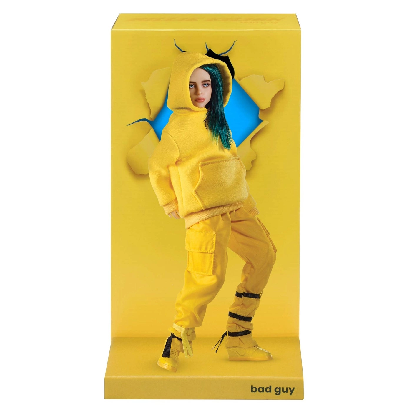 Playmates Billie Eilish Fashion Doll - 10.5" Tall Teal Colored Rooted Hair Yellow Hooded Sweatshirt And Pants