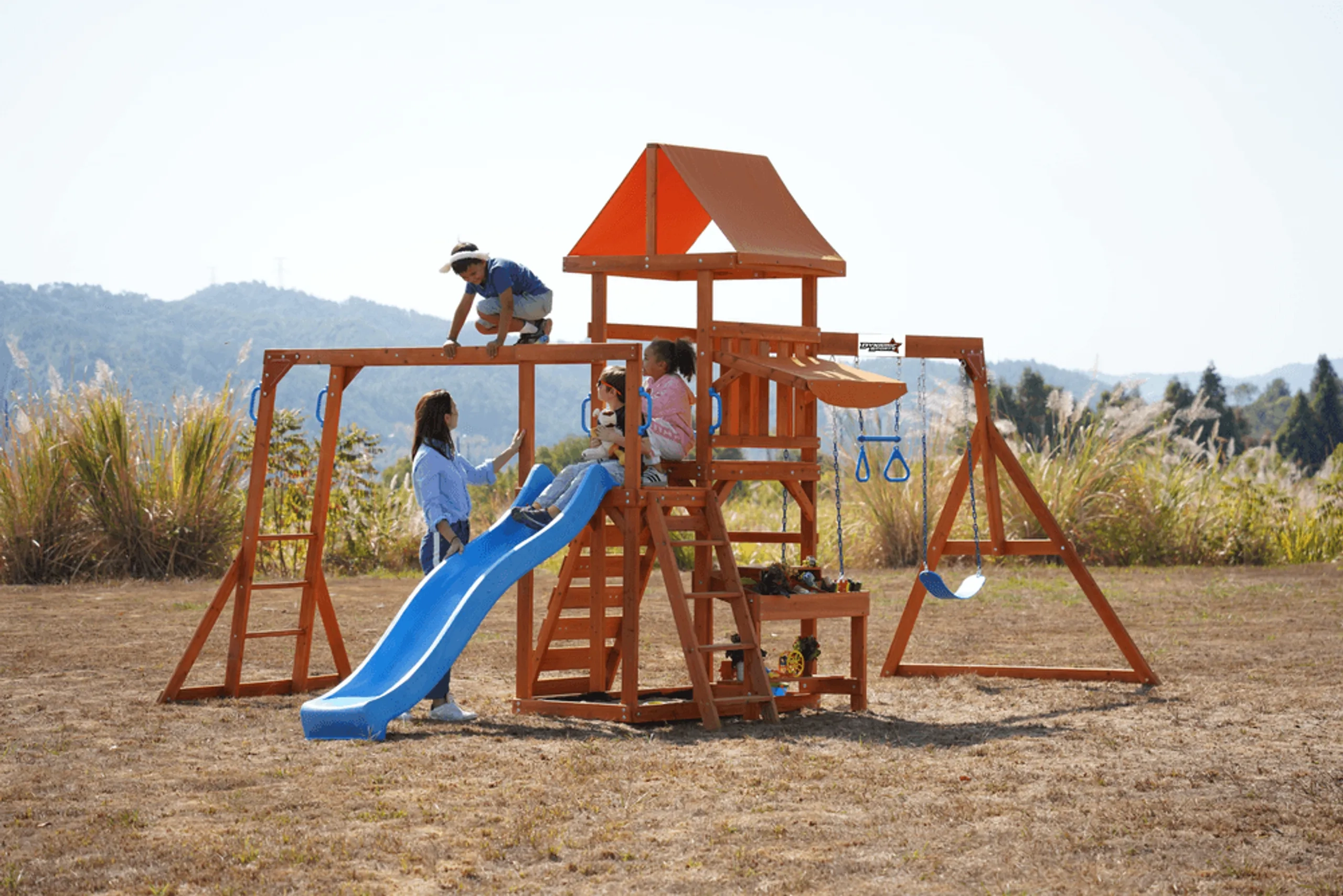 Arabian Pronghorn Wooden Swing Set - 2.2M Slide Double Play Fort