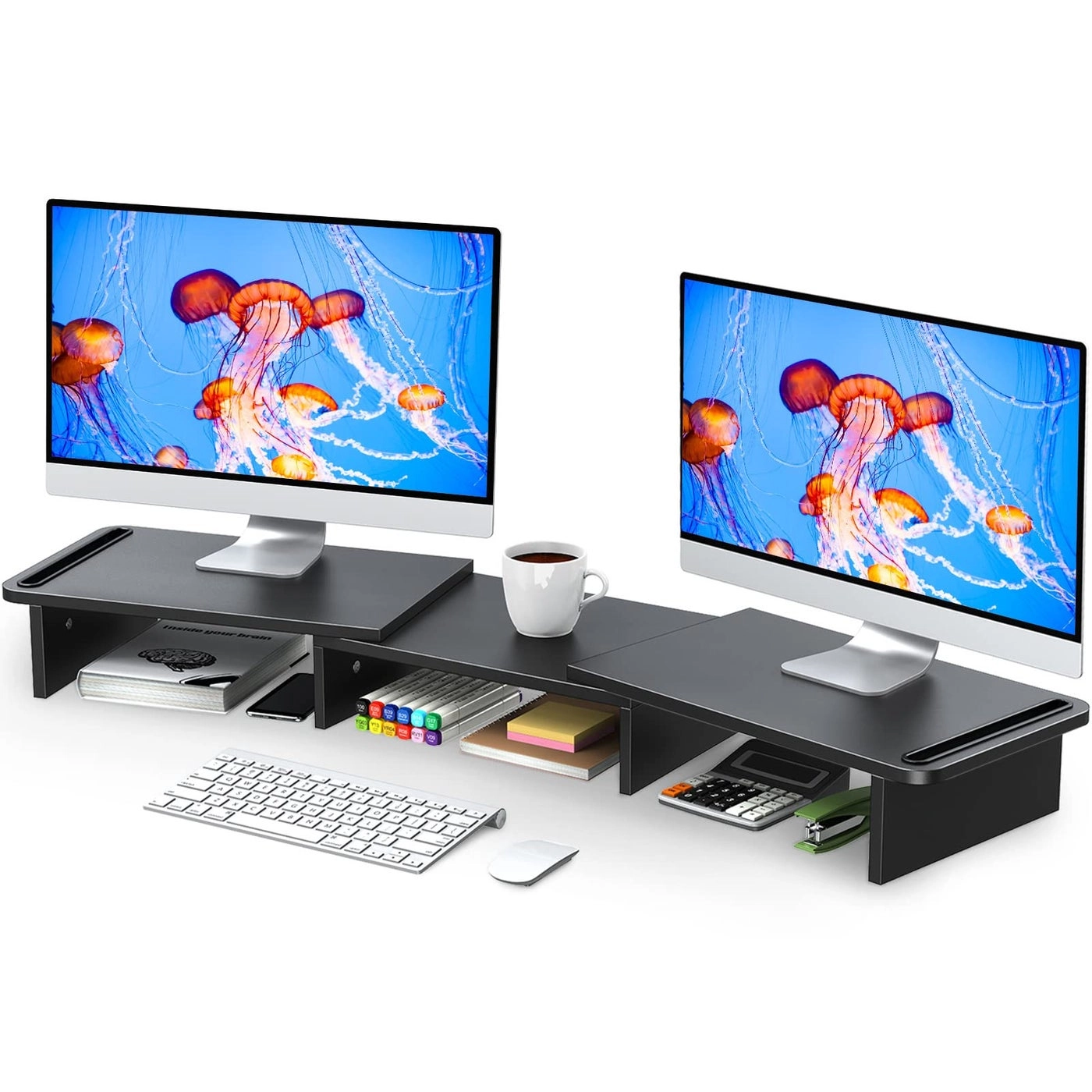 Zimilar Dual Monitor Stand - Adjustable Length and Angle Wood Storage Space
