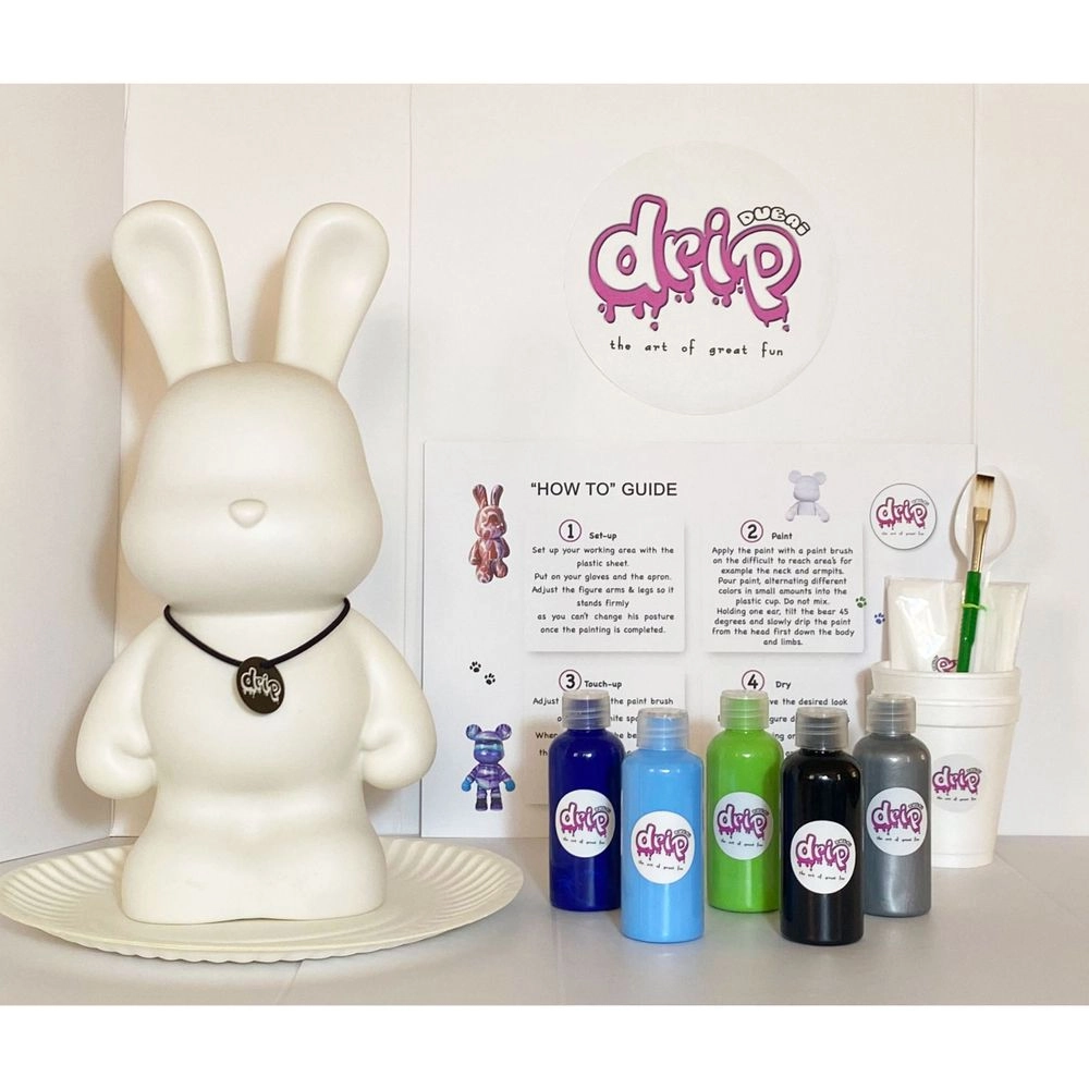 DIY Bunny Fluid Acrylic Pouring Paint Kit - 5 acrylic paints 2 oz/60 ml each; apron; clear cups; plate; gloves; paintbrush; pipette; spoon; table sheet