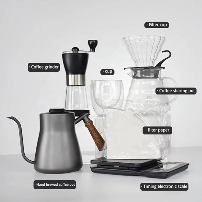 V60 + Grinder + Server + Kettle + Filter + Scale + Drip Funnel + Travel Coffee Set