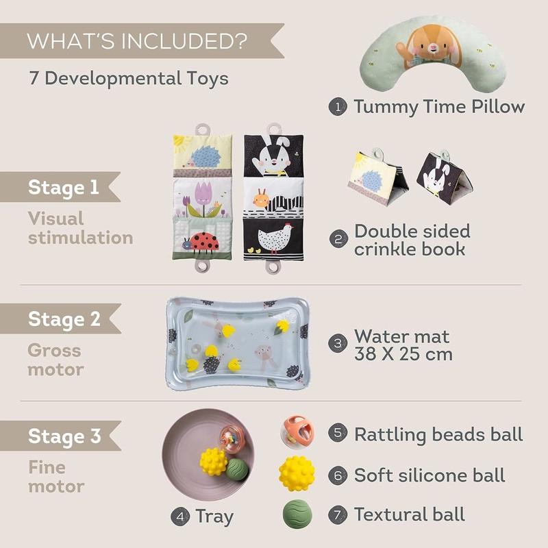 Tummy Time Pillow + Water Mat + Interactive Tray - 3 sensory balls + Crinkle Baby Book - Double-sided
