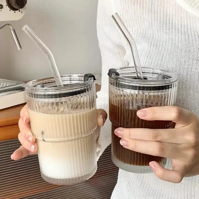 Ribbed Glass Tumbler - 1 pcs - With Lid and Straw - 370 ml