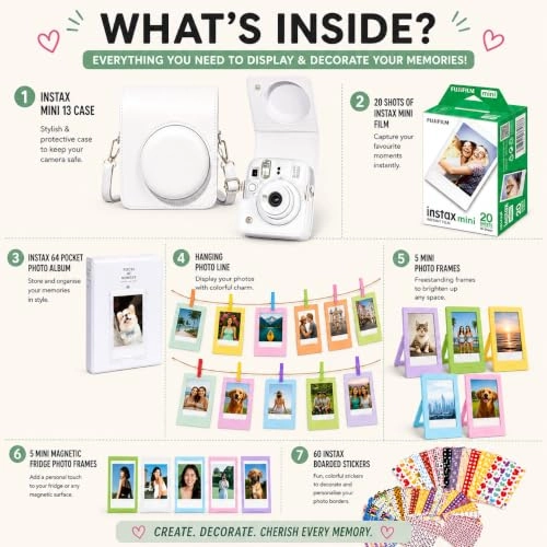 Camera Case - Clay White + Instax Mini Film 20 Shot + Mini Photo Album - 64 Pocket + Hanging Photo Display + Mini Desktop Photo Frames - 5 + Magnetic Fridge Photo Frames - 5 + Decorative Photo Border Stickers - 60