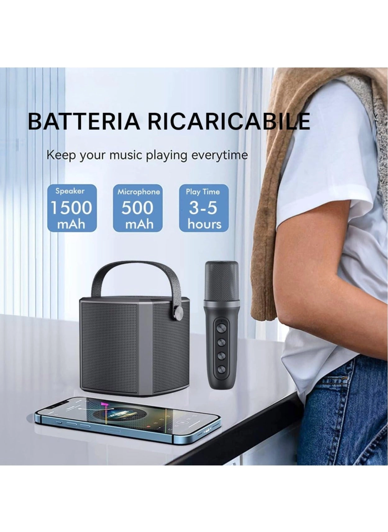 Portable Bluetooth Karaoke Speaker - Rechargeable wireless microphone Type-C charging TF Card support