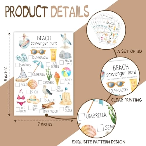 Beach Scavenger Hunt Cards - 15 years and up 30 Pcs
