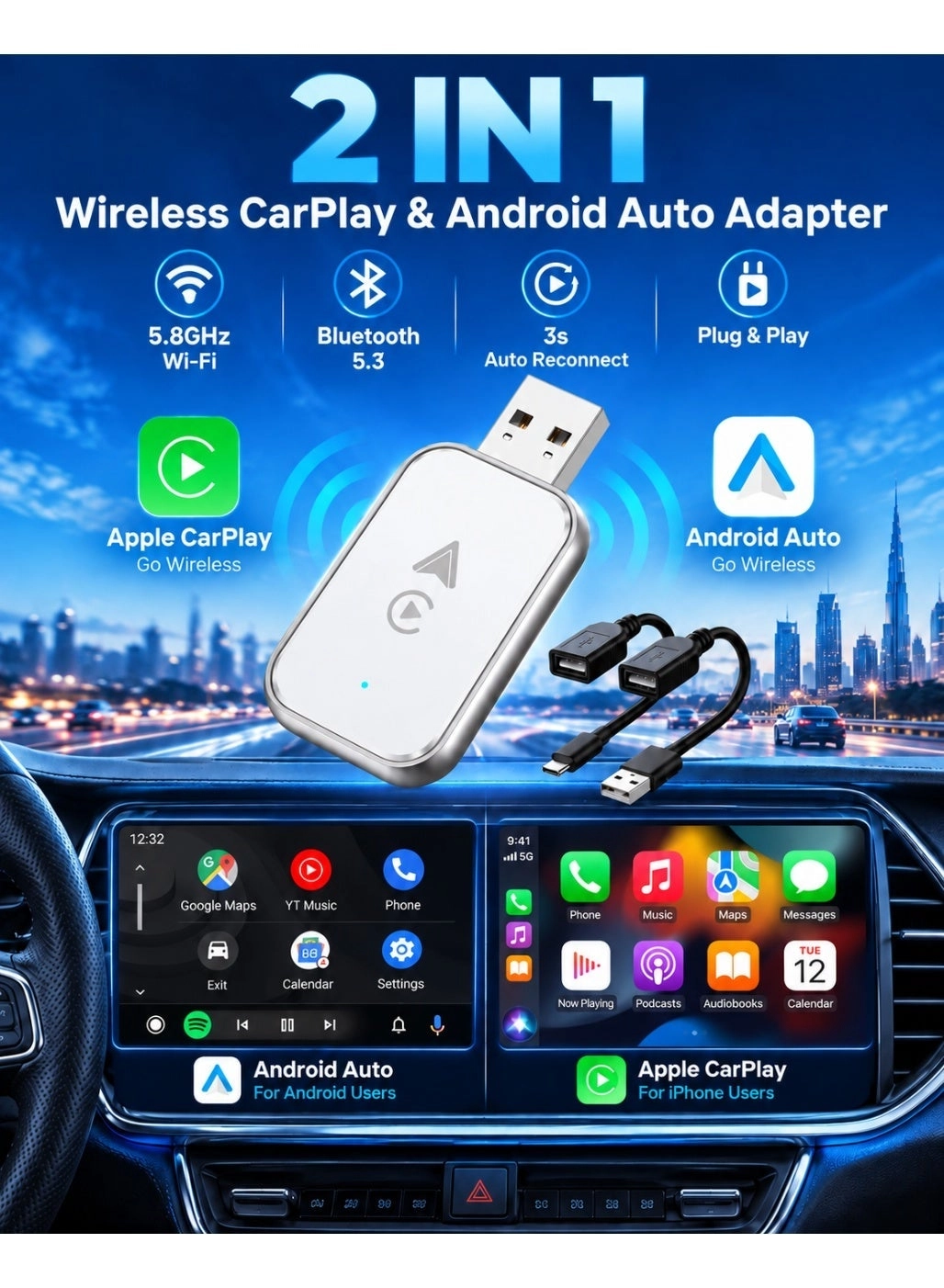 Kingone 2-in-1 Wireless CarPlay and Android Auto Adapter