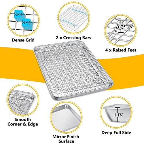 Baking Pan - 12.5 Inch Stainless Steel + Cooling Rack - 11.6 Inch