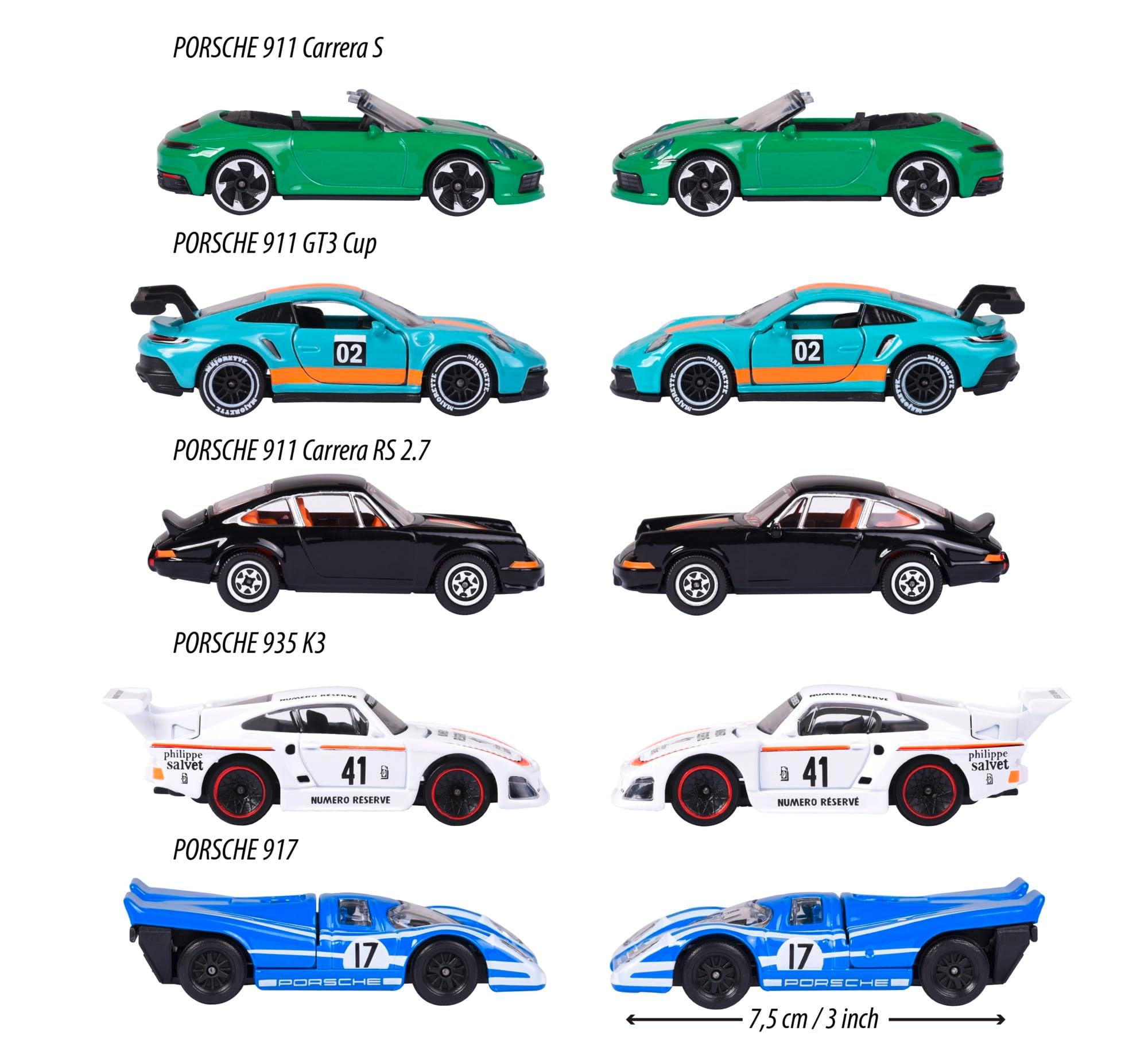 Porsche 917 + Porsche 911 Carrera RS 2.7 + Porsche 911 Carrera S Cabriolet + Porsche 935 K3 + Porsche 911 GT3 Cup (992) - 1:64 5pcs