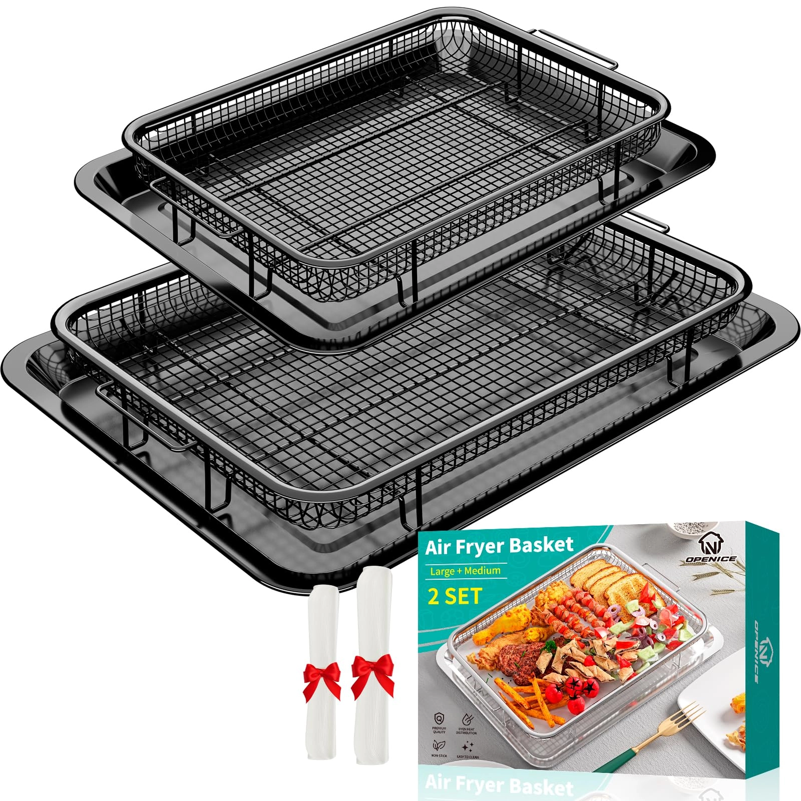 Air Fryer Basket - Stainless Steel 2 Set + Air Fryer Pan + Crisper Tray