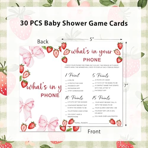 Strawberry Bow Baby Shower Game Cards - 30 cards baby shower