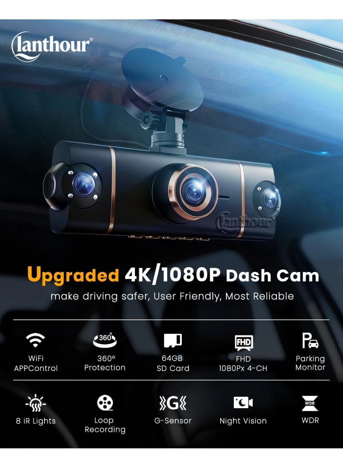 Dash Cam - 4K 3×1080P