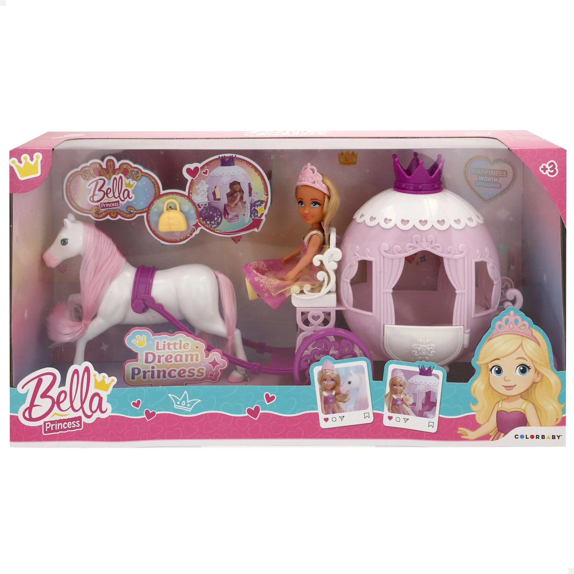 COLORBABY Bella Articulated Princess Doll - 15cm long blonde mane Royal cart Ages 3+