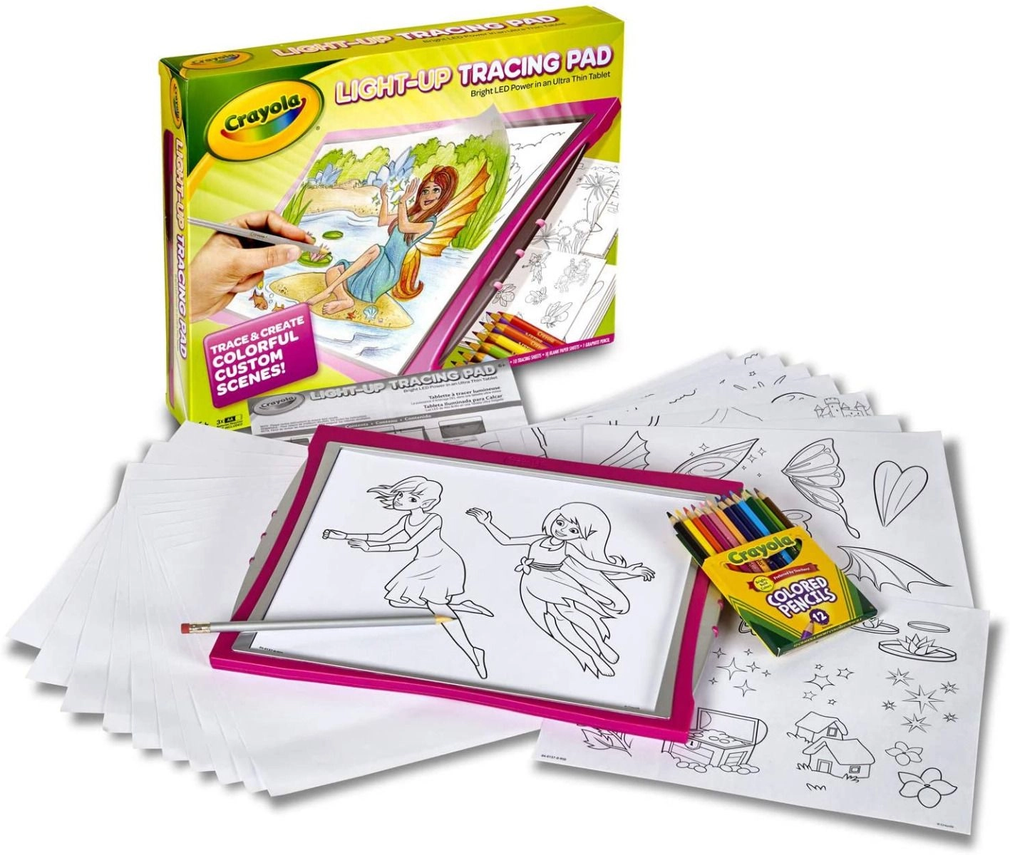 Crayola Lightup Tracing Pad - 1 Tracing Pad 30+ Art Tools 12 Short Colored Pencils 1 Graphite Pencil 10 Tracing Sheets 10 Blank Sheets