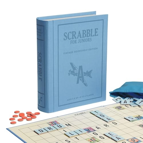 Scrabble for Juniors: Vintage Bookshelf Edition - 2-Sided Board Fabric-Wrapped Bookshelf Case
