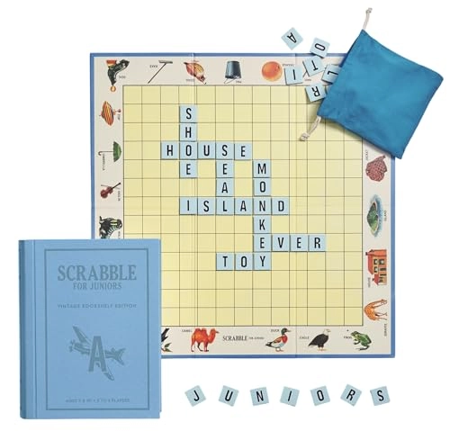 Scrabble for Juniors: Vintage Bookshelf Edition - 2-Sided Board Fabric-Wrapped Bookshelf Case