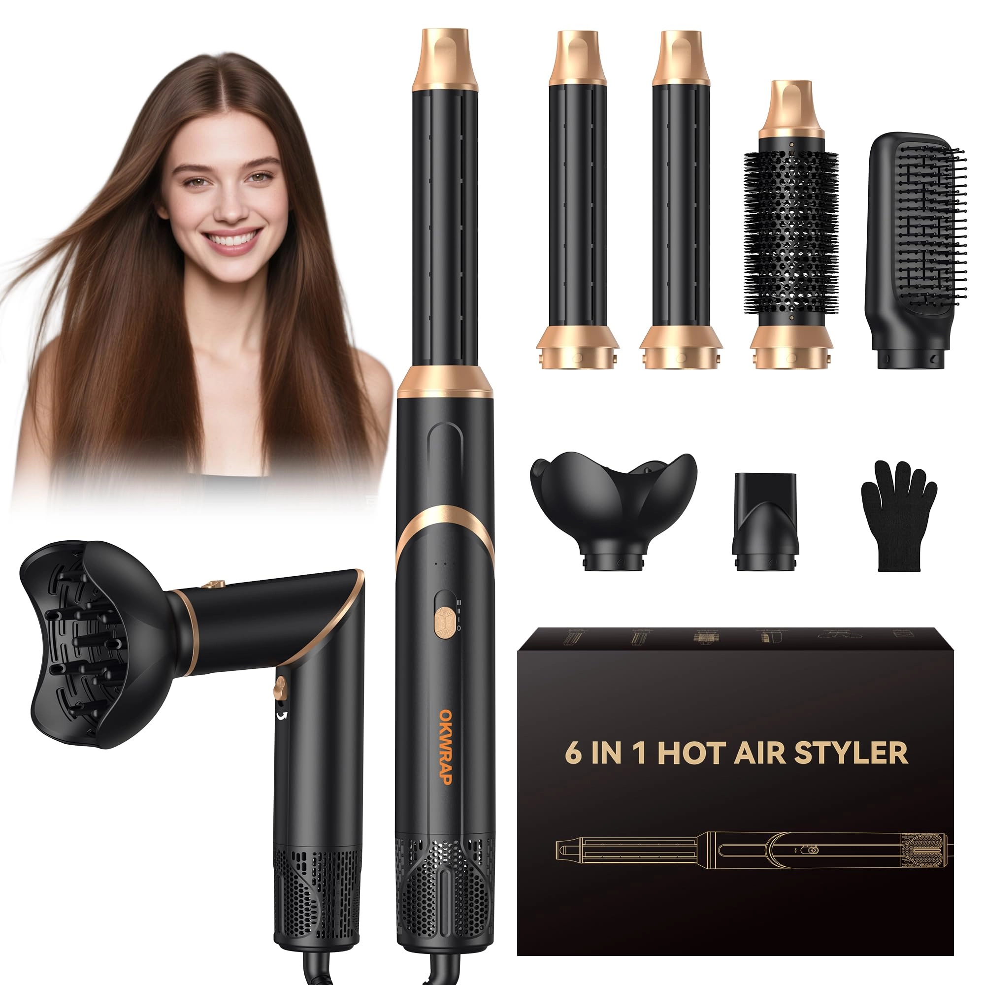 Blow Dryer Brush + Curling Wand + Ionic Hot Air Hair Dryer + Massage Oval Hair Dryer + Left&Right Hair Curlers
