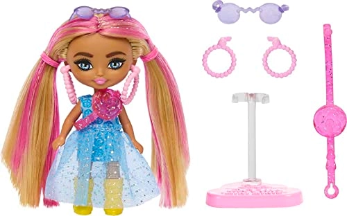 Barbie Extra Mini Minis - 3.25-inch Pink-Streaked Blonde Pigtails Blue Dress Ages 3+