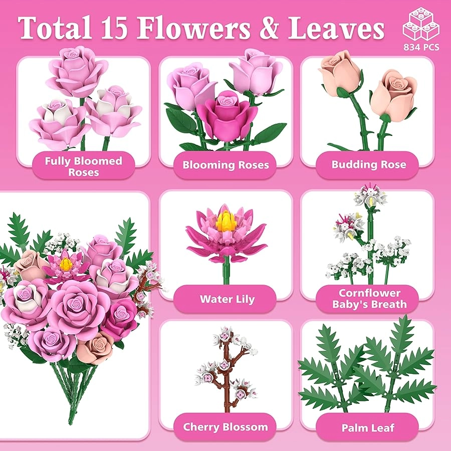 Pink Rose Bouquet Flowers Building Set - 834 pcs