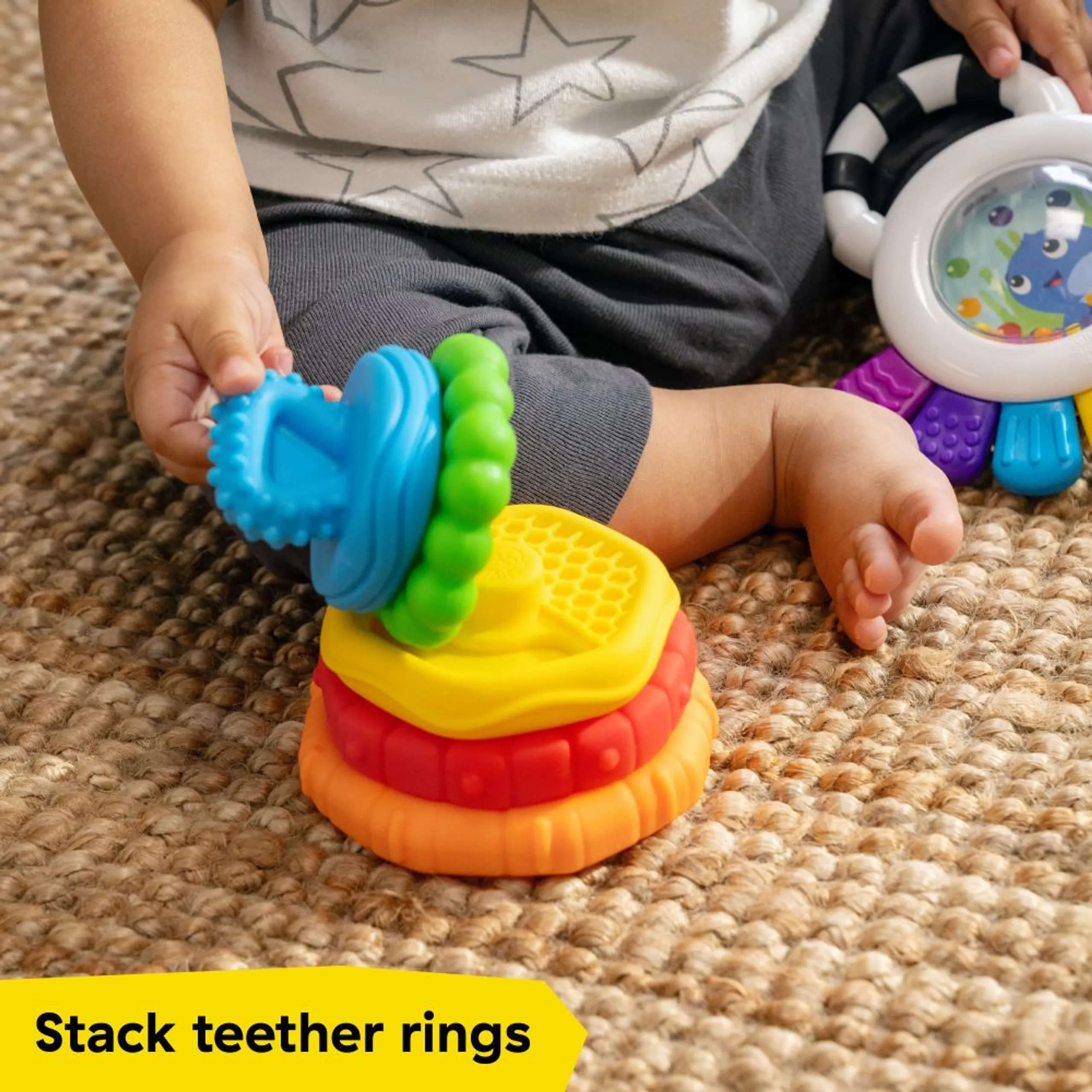 Opus Sensory Rattle & Teether + Octoplush Musical Toy + Stack & Teethe Teether Toy - Suitable for 3 to 12 mo