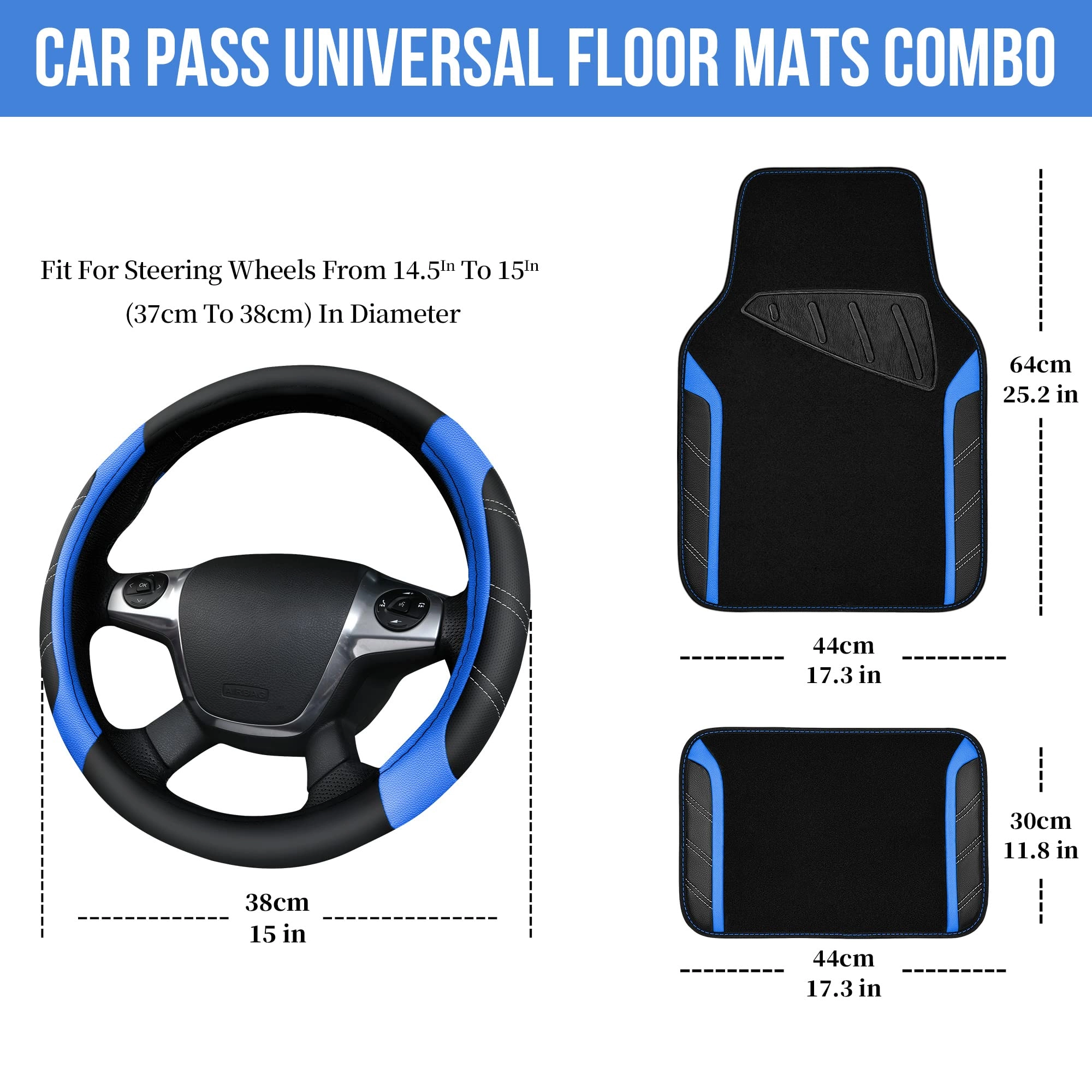 Car Seat Covers - Air Mesh Leather + Car Floor Mats - Waterproof + Steering Wheel Cover - Sporty