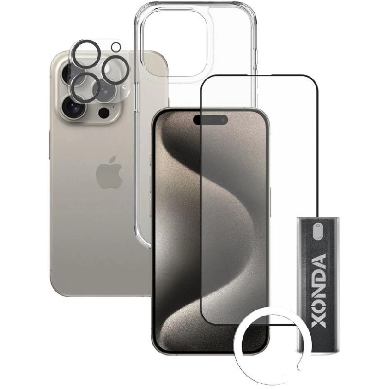 Clear Case + Tempered Glass + Camera Lens Cover + Anti-bacterial Spray for iPhone 15