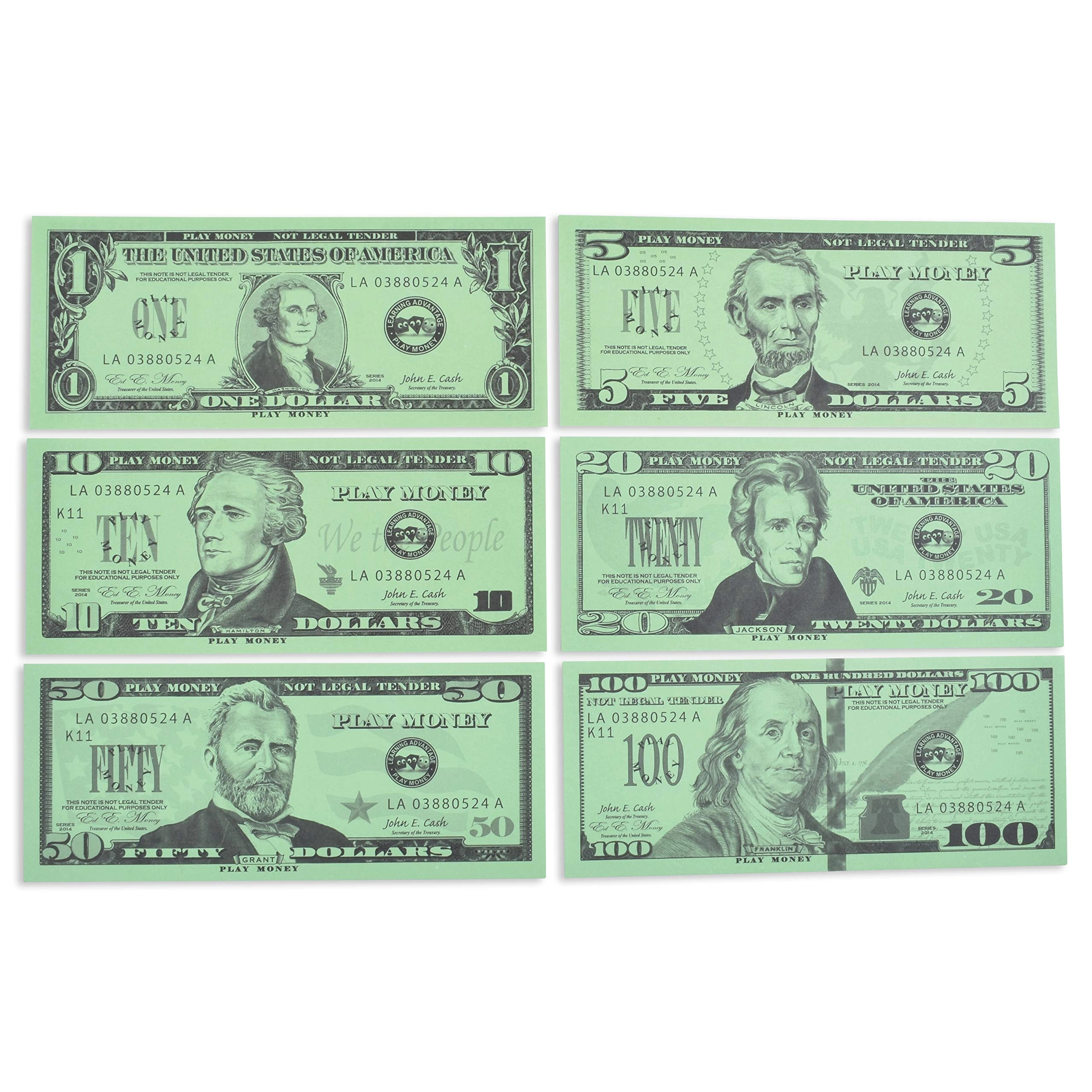 Learning Advantage Play Bills Set - 35 Ones 25 Fives 20 Tens 15 Twenties 5 Fifties 5 Hundreds