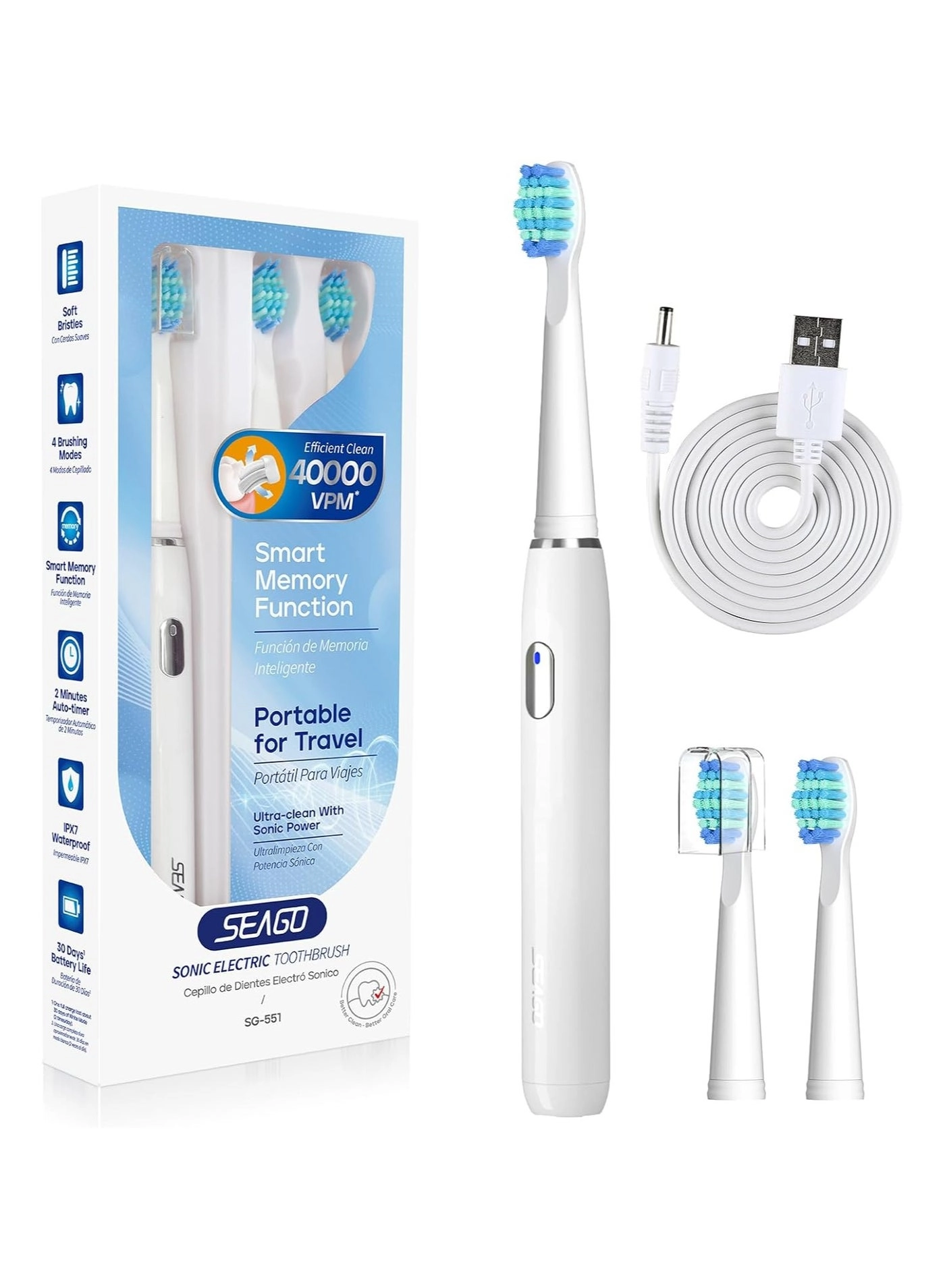 Electric Toothbrush - 3 Brush Heads 4 Modes White