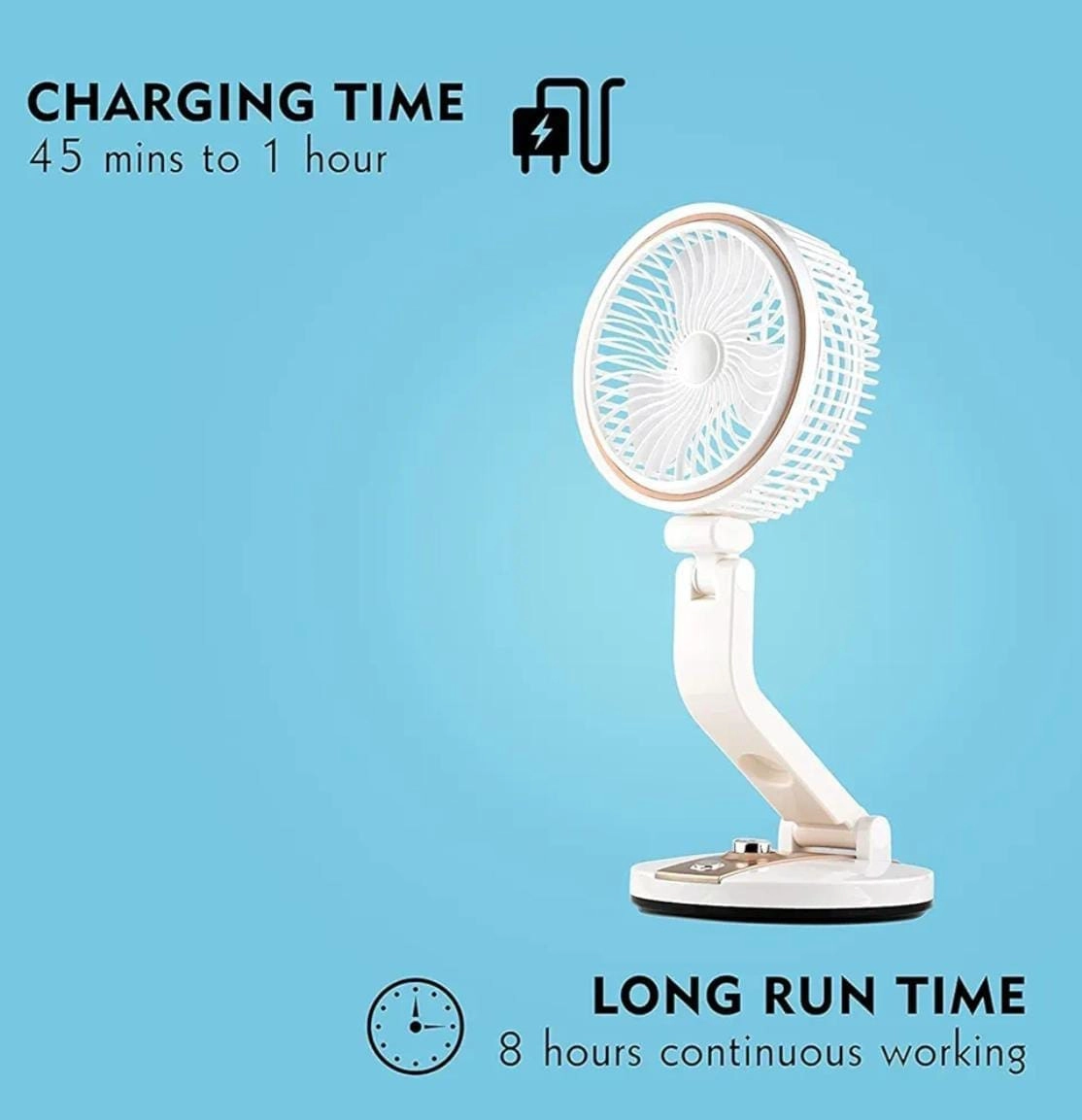 Portable Rechargeable Fan with LED Light - 3 Speed 8 Hours 180° Rotating